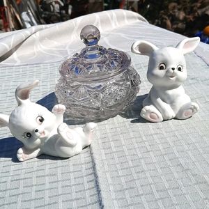 Vintage Homco Bunnies & Prescott Crystal Candydish